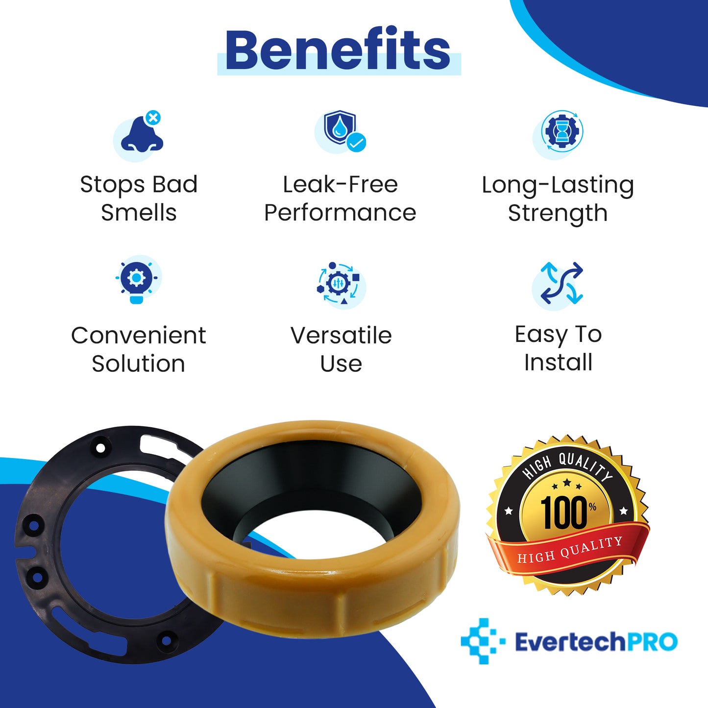 EvertechPro Toilet Wax Ring Kit with Reinforced Flange & Bolts – Fits 3” to 4” Waste Lines – Leak-Proof, Durable, Easy Installation – Includes Mounting Hardware