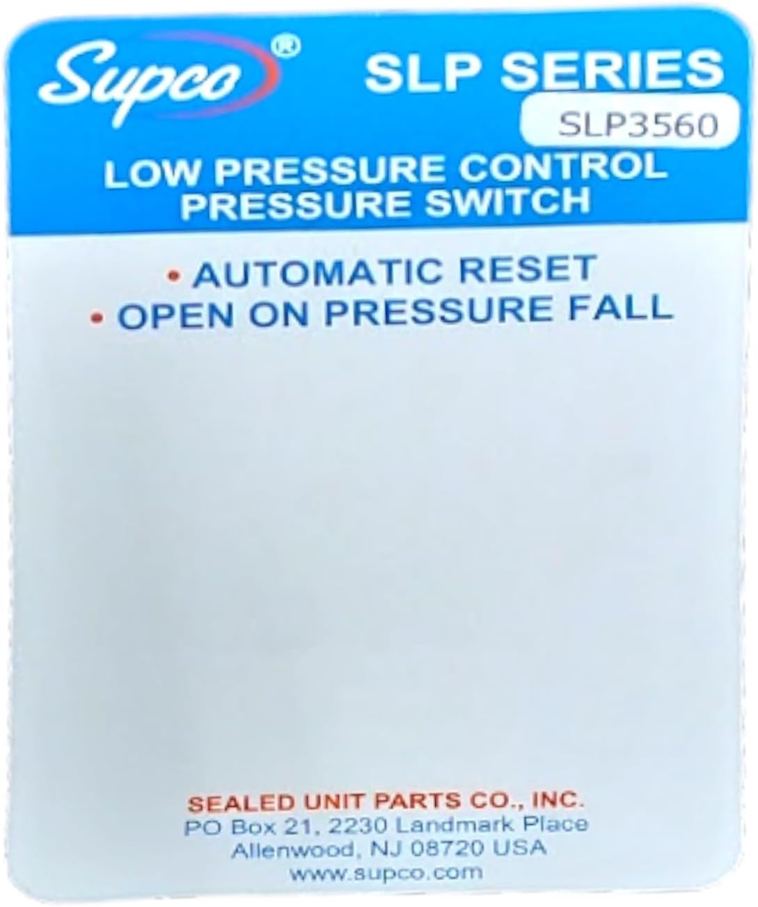 Supco SLP3560 Low Pressure Switch Open: 35 PSI Close: 60 PSI HVAC Refrigeration