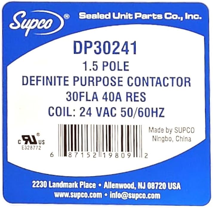 Supco DP30241 Contactor 30 FLA 40 RLA 24 Volts 1.5 Pole