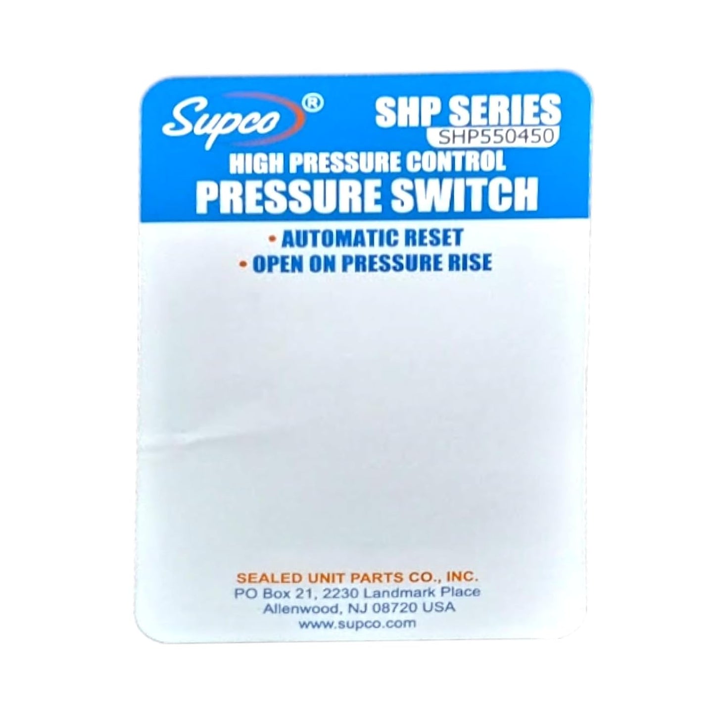 Supco High Pressure Switch, Open: 550 PSI, Close: 450 PSI, Fixed Actuator, Automatic Operation, Green