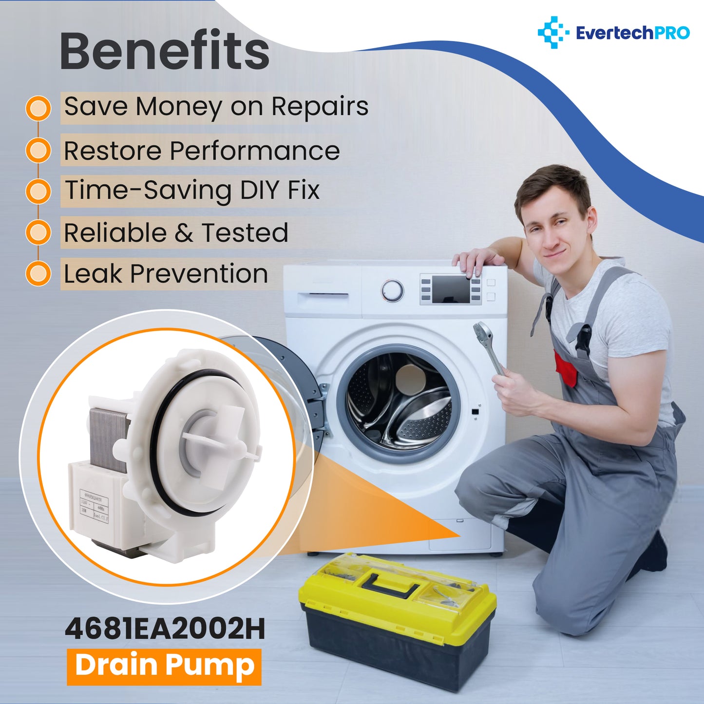 EvertechPRO 4681EA2002H Motor Pump Assembly Replacement for LG Washer 4681EA2001S 1461702 4681EA2002D AH3523285