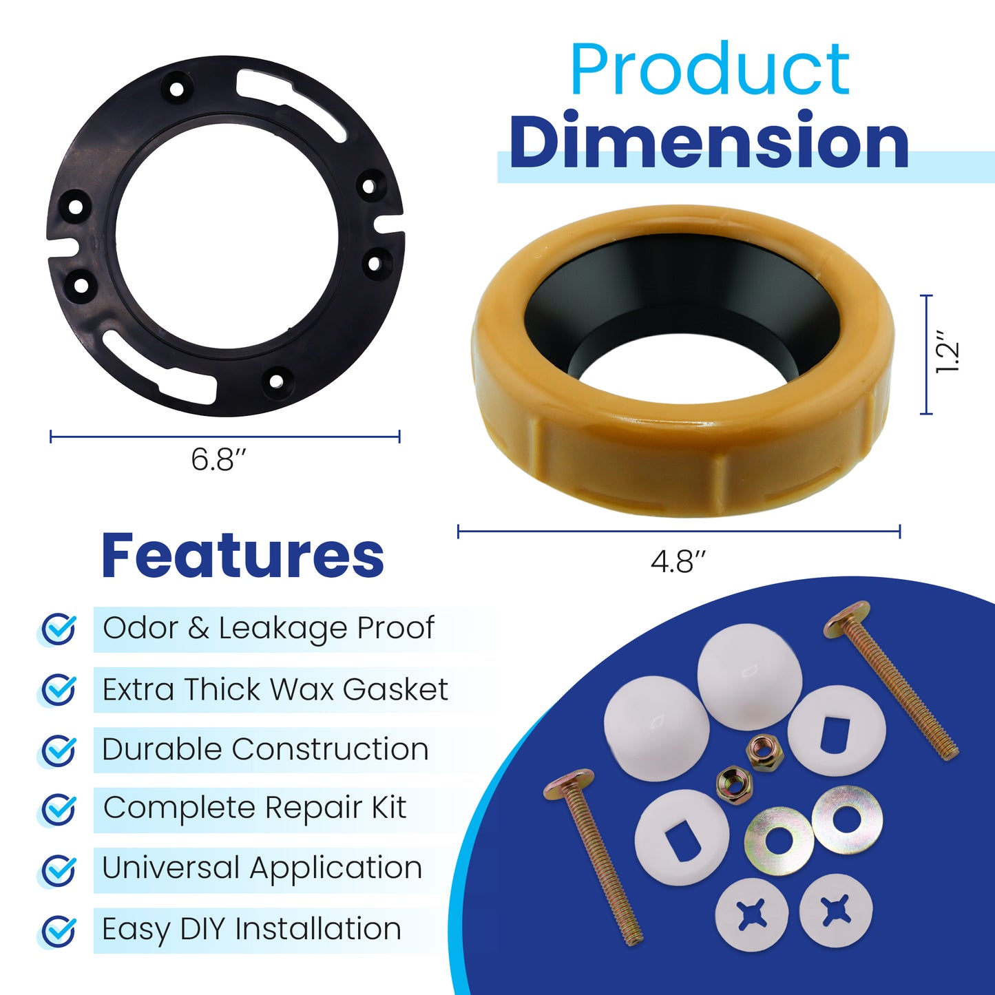 EvertechPro Toilet Wax Ring Kit with Reinforced Flange & Bolts – Fits 3” to 4” Waste Lines – Leak-Proof, Durable, Easy Installation – Includes Mounting Hardware