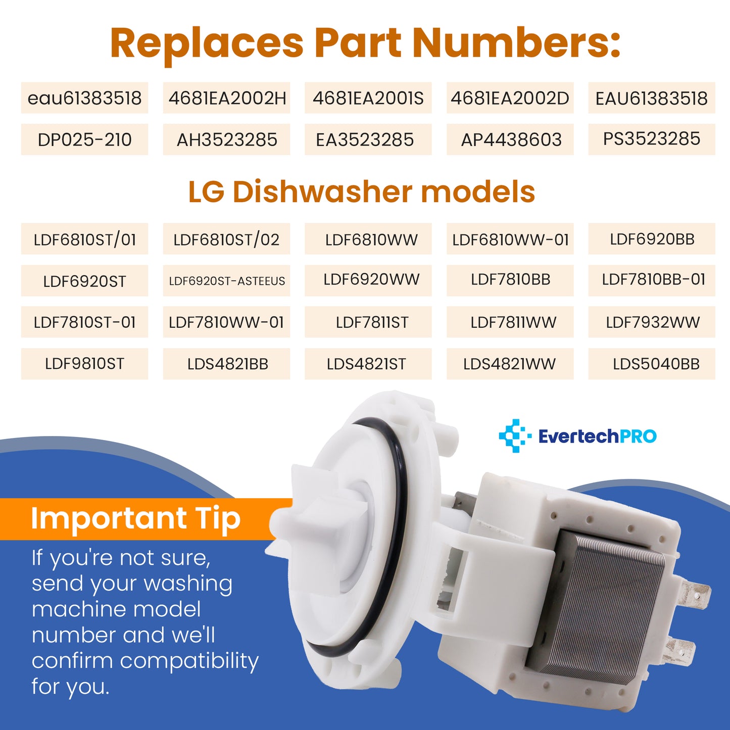 EvertechPRO 4681EA2002H Motor Pump Assembly Replacement for LG Washer 4681EA2001S 1461702 4681EA2002D AH3523285