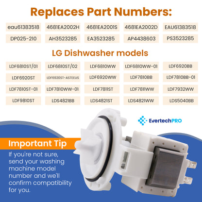 EvertechPRO 4681EA2002H Motor Pump Assembly Replacement for LG Washer 4681EA2001S 1461702 4681EA2002D AH3523285