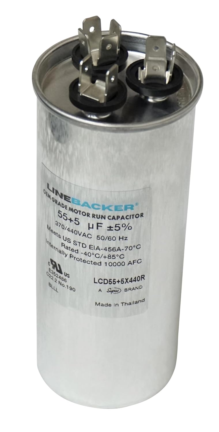 Supco Capacitor Round Dual Run 55 + 5 uf 370/440 Volts for HVAC Motors Compressors LCD55+5X440R Linebacker