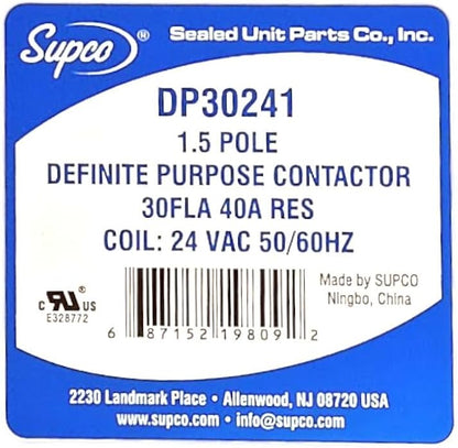 Supco DP30241 Contactor 30 FLA 40 RLA 24 Volts 1.5 Pole