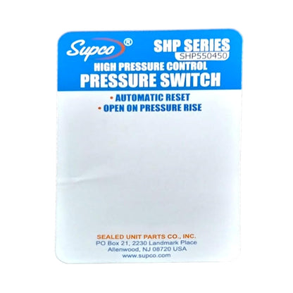 Supco High Pressure Switch, Open: 550 PSI, Close: 450 PSI, Fixed Actuator, Automatic Operation, Green