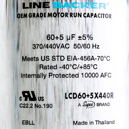 Supco Capacitor Round Dual Run 60 + 5 uf 370/440 Volts for HVAC Motors Compressors LCD60+5X440R Linebacker
