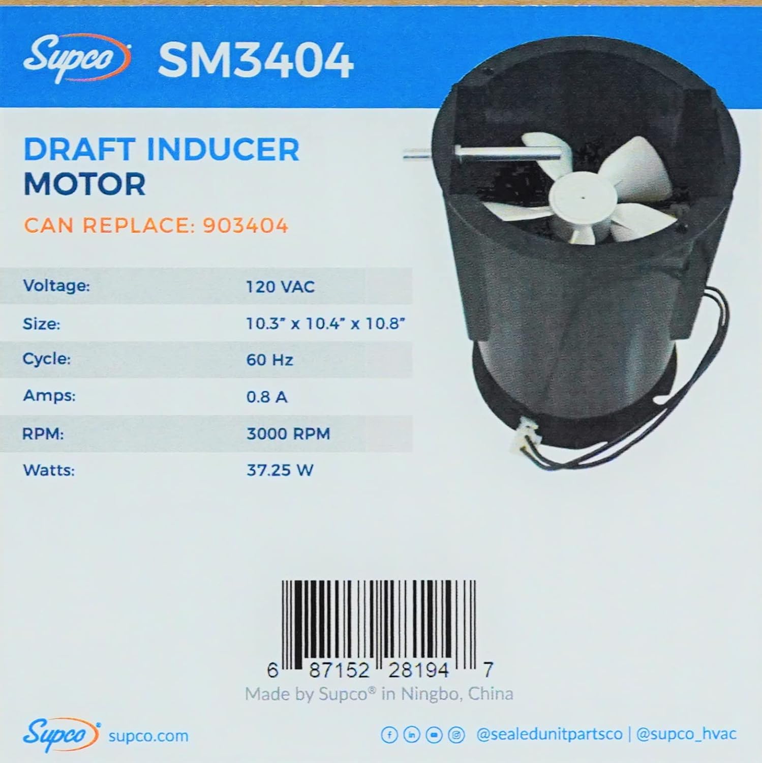 Supco Draft Inducer Furnace Fan Motor SM3404 for Intertherm Miller Nordyne 903404