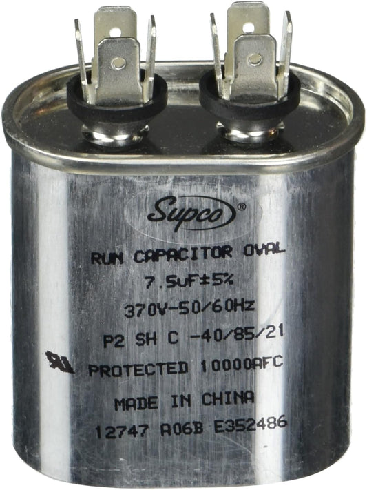 Supco Run Capacitor, Oval, 7.5 Mfd., 370 Volt, CR7.5X370