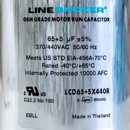 Supco Capacitor Round Dual Run 65 + 5 uf 370/440 Volts for HVAC Motors Compressors LCD65+5X440R Linebacker