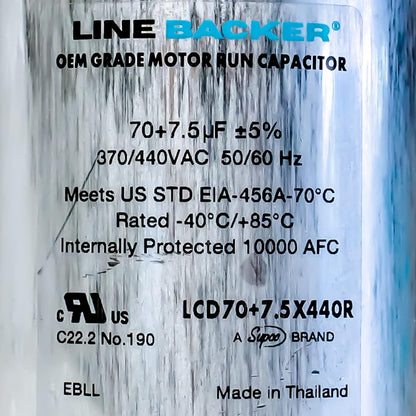 Supco Capacitor Round Dual Run 70 + 7.5 uf 370/440 Volts for HVAC Motors Compressors LCD70+7.5X440R Linebacker