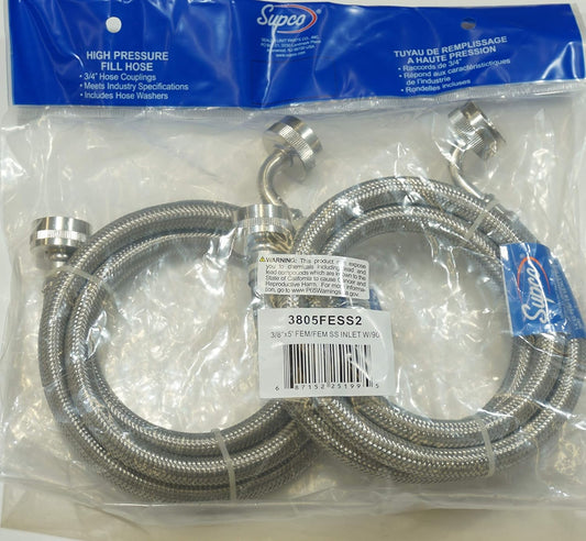 Supco ⅜" X 5' Stainless Steel Hose, 2 Pk, Washers and Dishwashers, 3805FESS2