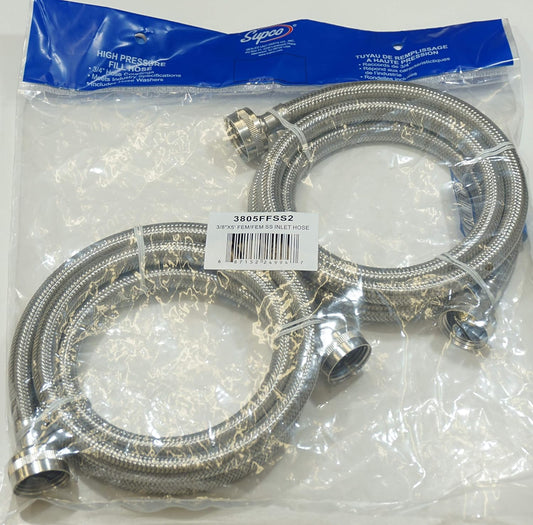 Supco 3805FFSS2 5 Foot Stainless Steel Inlet Fill Hoses With Washers for Washing Machine - 2 Hoses
