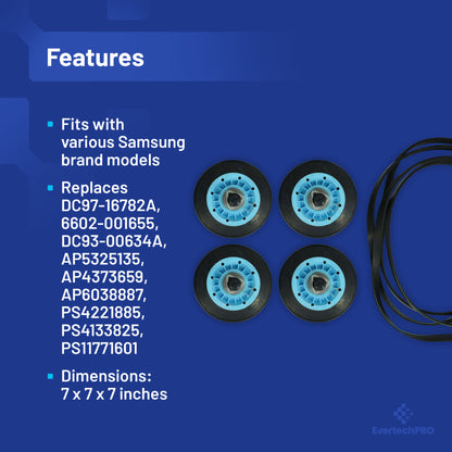 EvertechPRO DC97-16782A-5PCKIT All-in-one Repair Maintenance Kit Includes 4pc of Drum Roller and 6602-001655 Belt Replacement for Samsung Dryer 6602-001655 EAP4221885 PS4218839 EAP42188392027851