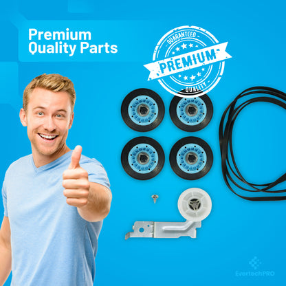 EvertechPRO DC97-16782A-6PCKIT All-in-one Repair Maintenance Kit Includes 4pc of Drum Rollers DC93-00634A Idler Pulley and 6602-001655 Belt Replacement for Samsung Dryer 6602-001655 DC93-00634A EAP422