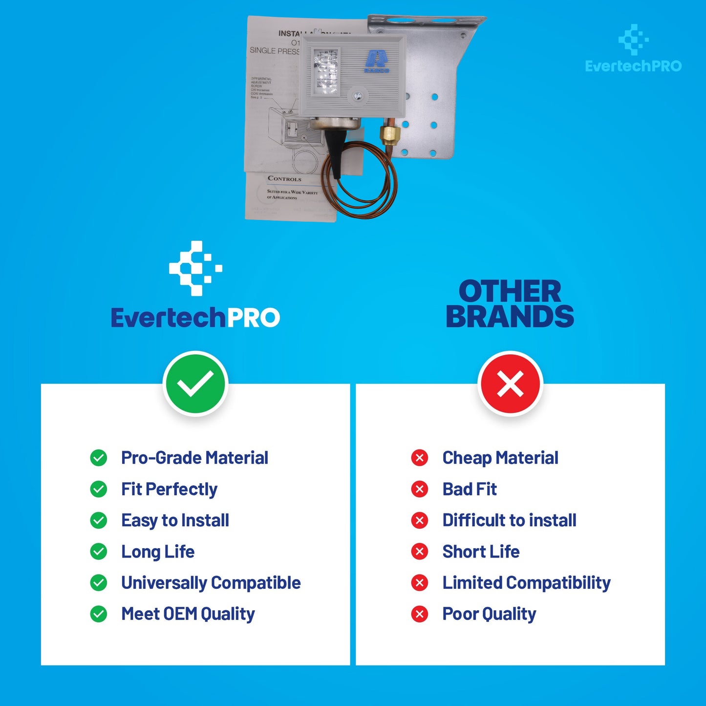 Low Pressure Control Switch 206-00232-002, Auto Reset, 36" Capillary, 12" Hg to 50 PSI, SPST-Opens Low, IP44, Compatible with Addison, Ajax, Ranco O10-1402 & More