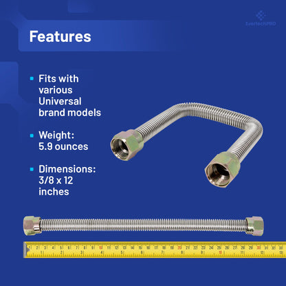 PLB5RA13A0012 EvertechPRO Durable Stainless Steel Flexible Gas Line 1/2 OD, 3/8 ID x 12 Inch Length, Uncoated Corrugated Universal Fit with Easy Installation Gas Line
