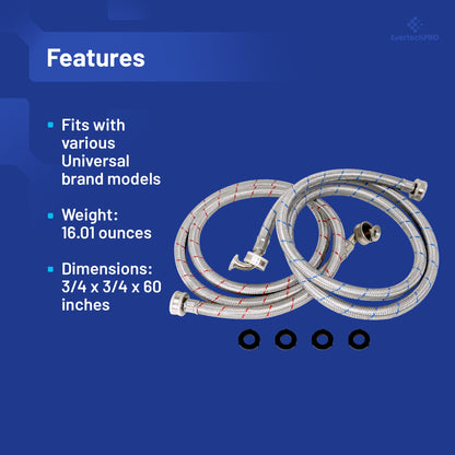 PLB816FH60X2 EvertechPRO Washing Machine Hoses 2 Pack - 5 Feet, 3/4 Female Hose with Red and Blue Coded, Hot and Cold Water Washer Hoses, High-Quality Brass Nuts, 90 Degree Elbows, Burst Proof, Stainless Steel