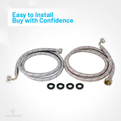PLB816FH60X2 EvertechPRO Washing Machine Hoses 2 Pack - 5 Feet, 3/4 Female Hose with Red and Blue Coded, Hot and Cold Water Washer Hoses, High-Quality Brass Nuts, 90 Degree Elbows, Burst Proof, Stainless Steel