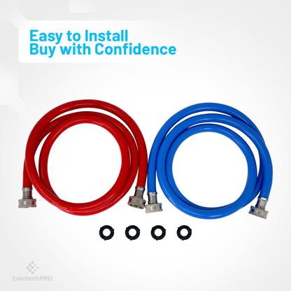 PLB826660X2 EvertechPRO Premium 2 Pack 5 Feet Washing Machine Hoses - 3/4 Female Washer Hose for Hot and Cold Water - High-Quality Brass Nuts - Burst Proof Washer Hoses - Red and Blue Coded - Rubber