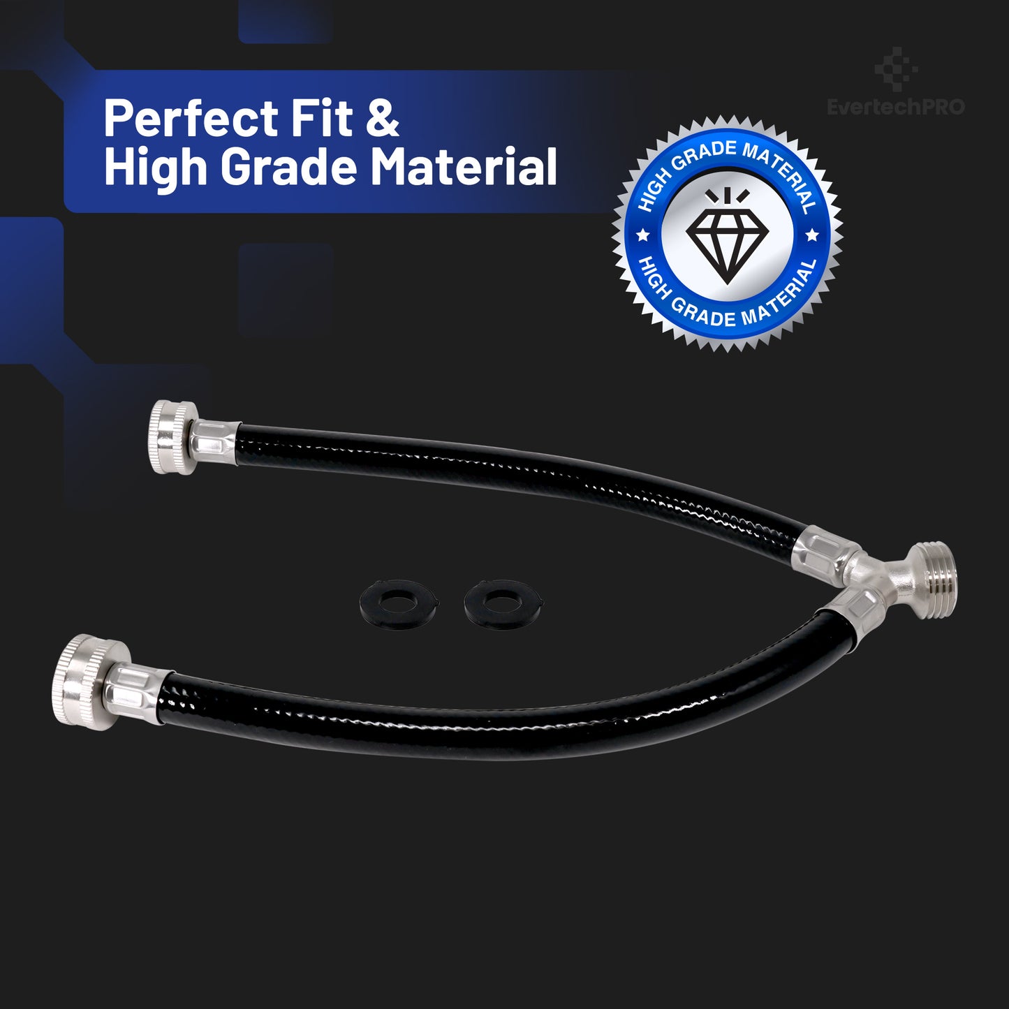 PLB83661204 EvertechPRO Washing Machine Hoses - 12 Inch Y Mixer Hose for Washing Machine - Two 3/4 Female and One 3/4 Male Fittings - 2 Heavy Duty Flexible Rubber - Hot & Cold Water