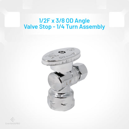 PLB9314 EvertechPRO 1/4 Turn Angle Valve 1/2 Inlet 3/8 Outlet OD Toilet Water Valve - Toilet Shut Off Valve with 1/4 Turn, Chrome Plated Angle Valve, 1/2 Inlet 3/8 Outlet OD, Ideal for Home Improvement