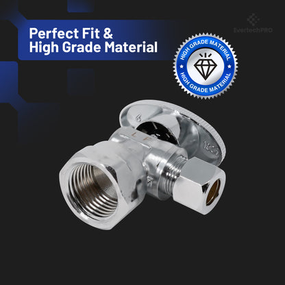 PLB9314 EvertechPRO 1/4 Turn Angle Valve 1/2 Inlet 3/8 Outlet OD Toilet Water Valve - Toilet Shut Off Valve with 1/4 Turn, Chrome Plated Angle Valve, 1/2 Inlet 3/8 Outlet OD, Ideal for Home Improvement