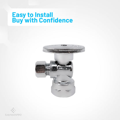 PLB9314 EvertechPRO 1/4 Turn Angle Valve 1/2 Inlet 3/8 Outlet OD Toilet Water Valve - Toilet Shut Off Valve with 1/4 Turn, Chrome Plated Angle Valve, 1/2 Inlet 3/8 Outlet OD, Ideal for Home Improvement