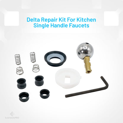 Faucet Repair Kit - Stainless Steel Ball, compatible with Delta Kitchen Faucet Cartridge, Tooling Replacement Cam, White Slot Hole and Black Parts, Allen Key, 4 Pcs Seal Kits, 4 Springs, fits Delta Faucet Parts - All-in-One Set for Easy Installation