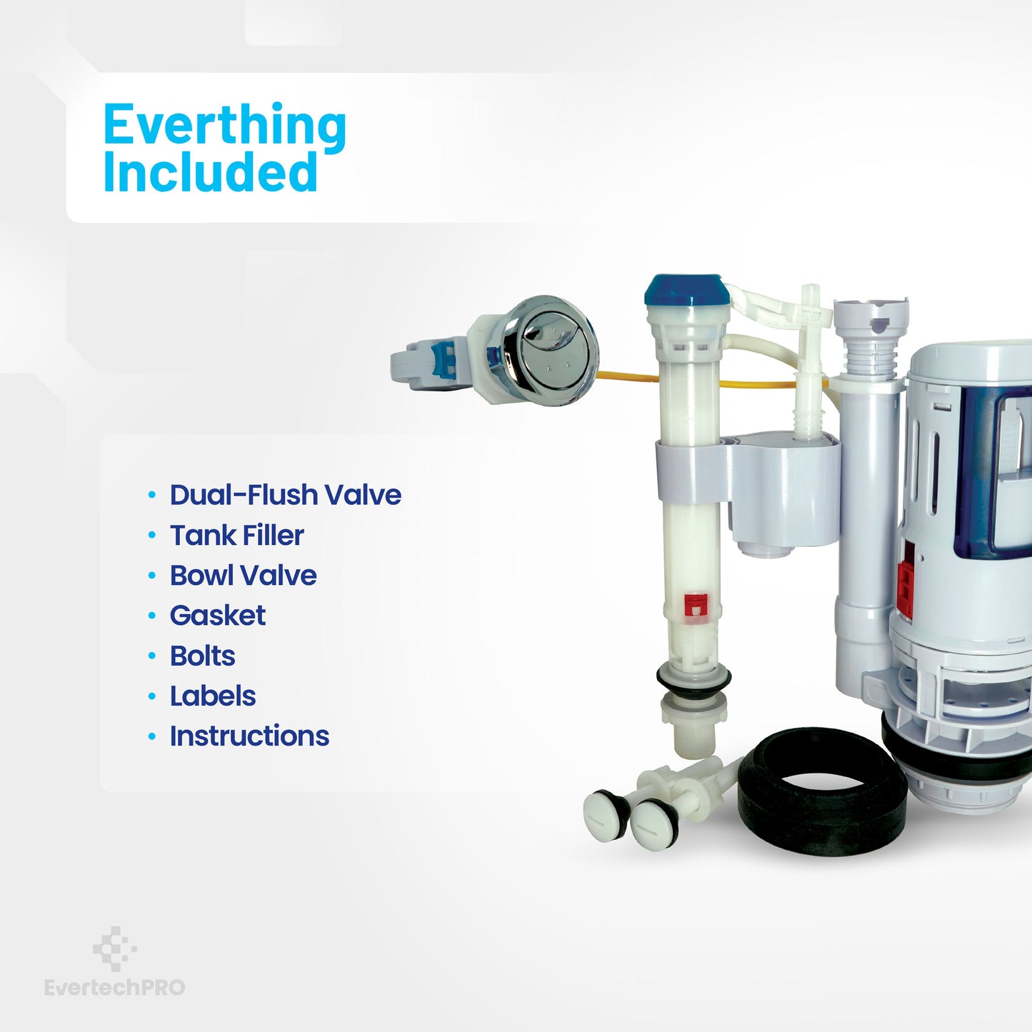 Universal Water Saving Dual Flush Valve and Fill Valve with Push Button Toilet Repair Kit Fits Standard 2 inch Drain