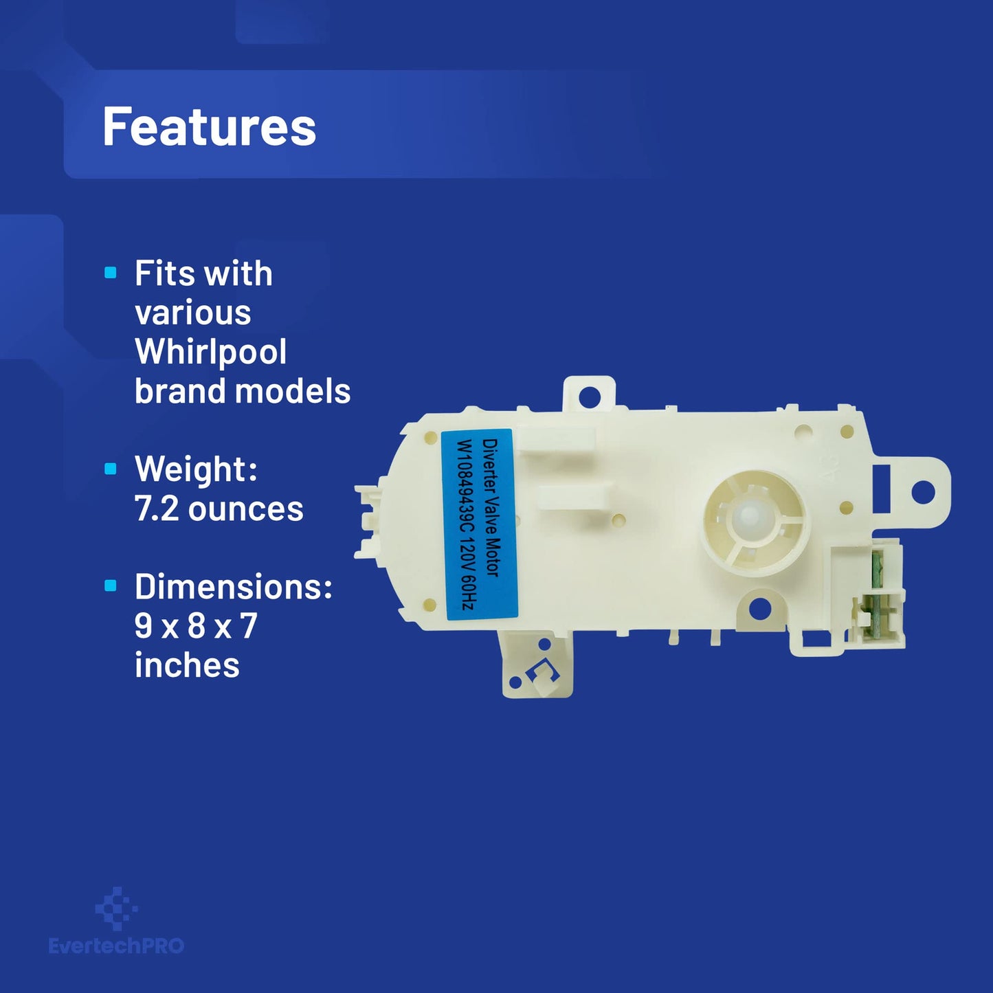 EvertechPRO Dishwasher Motor Replacement W10849439 Compatible with Whirlpool Motor, Fits Whirlpool Diverter Motor W10537869 W10195076 W10476222