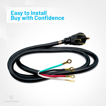 EvertechPRO 57001 4-Prong 6ft Dryer Power Cord Universal Dryer Power Cord for Freestanding Electric Dryers Rated 30A/250V with Strain Relief Connects to 4 Prong Outlets 72” Black