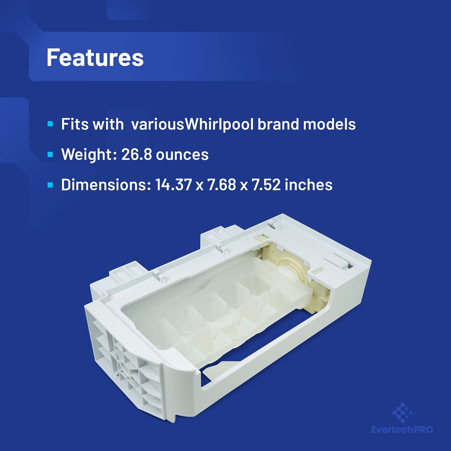 EvertechPRO Refrigerator Ice Maker Replacement for Whirlpool W10873791 PS11738120 W10760070 W10847507 W10873791VP