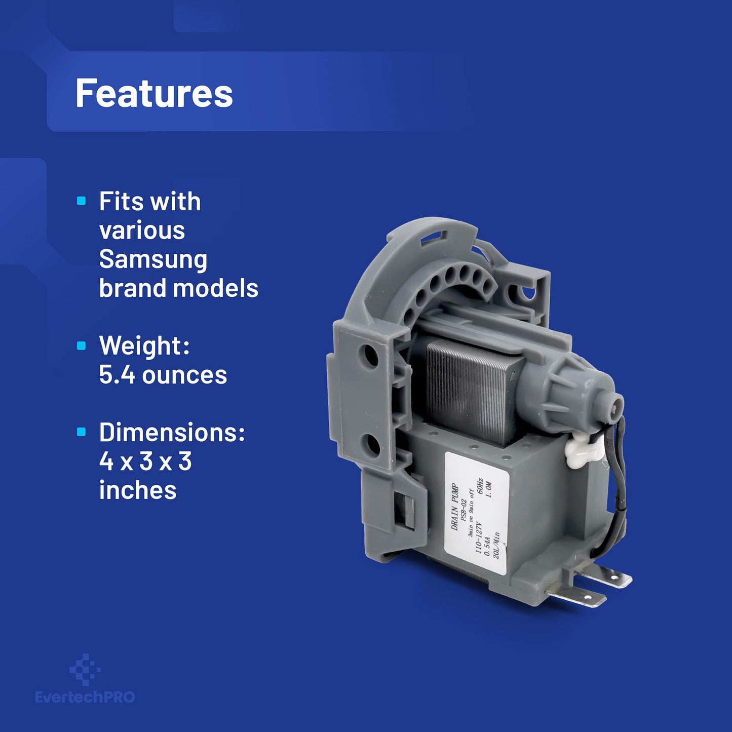 EvertechPRO DD31-00005A Washer Drain Pump for Samsung