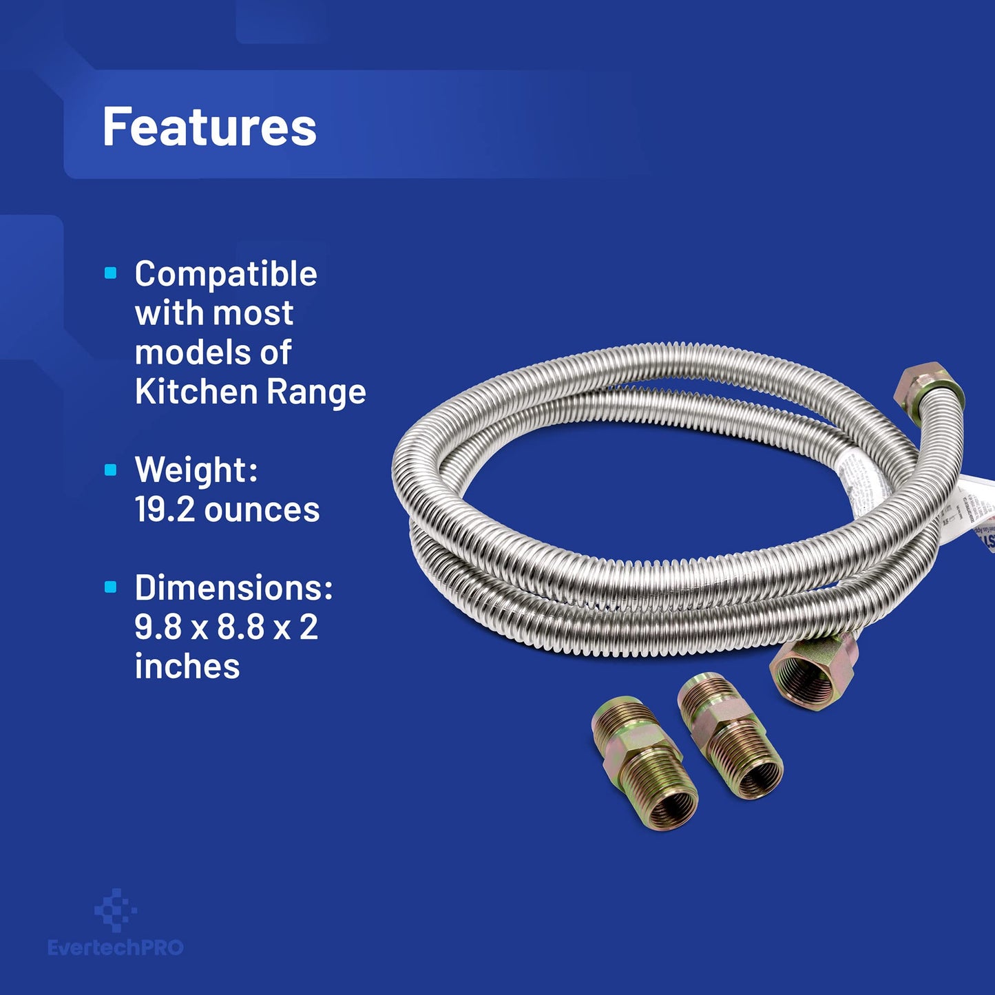 EvertechPRO 49698 5ft Gas Range Connector 60" Stainless Steel Range Gas Line for Stove or Kitchen Range Leakproof and Long Lasting with 5/8 OD Hose Corrugated Pipe and 1/2 in MIP x 1/2 in MIP fittings