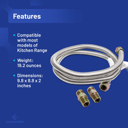 EvertechPRO 49698 5ft Gas Range Connector 60" Stainless Steel Range Gas Line for Stove or Kitchen Range Leakproof and Long Lasting with 5/8 OD Hose Corrugated Pipe and 1/2 in MIP x 1/2 in MIP fittings
