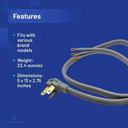 EvertechPRO 49695 5ft Range Plug 3 Prong Power Cord with Open End Range Connectors and 3 Copper Wires - 50 Amp Rated Power Cord for Electric Range - 60” Gray