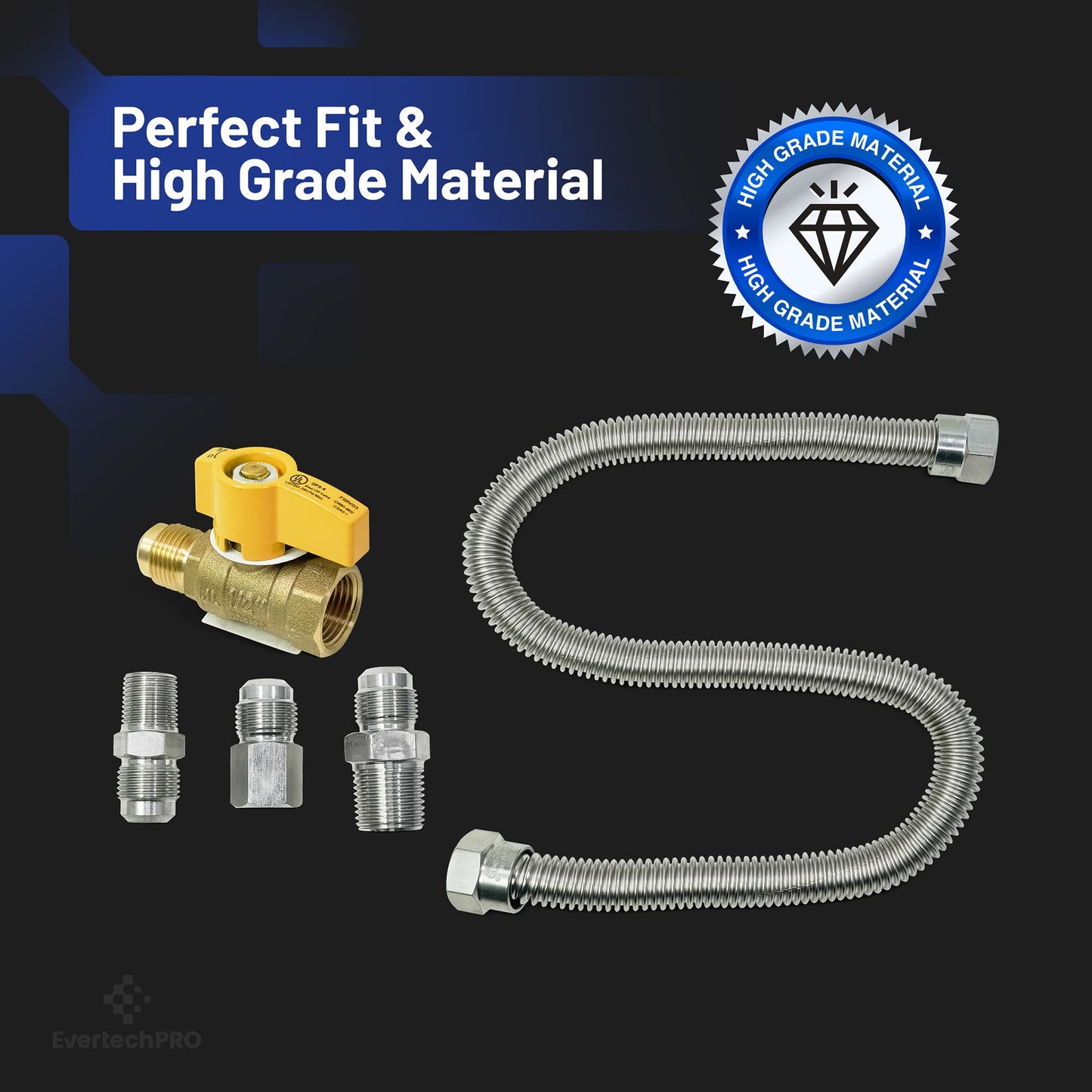 EvertechPRO 1212MMKIT 22” Flexible Natural Gas Hose Kit with 1/2" Male Flare x 1/2" Male Pipe 1/2" Male Flare x 3/8" Male Pipe 1/2" Male Flare x 3/8" Female Pipe Propane Hose Heater Hose Connectors