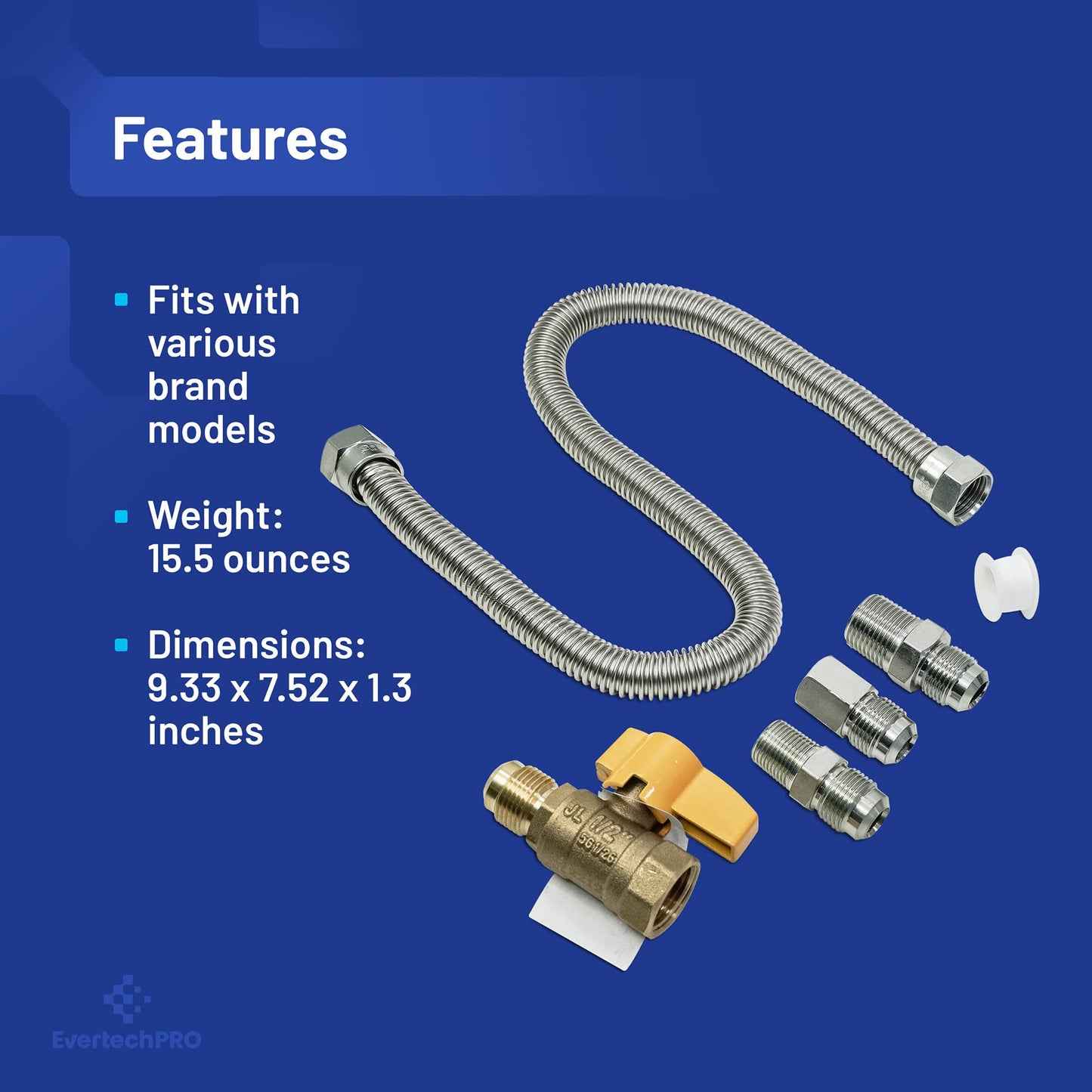EvertechPRO 1212MMKIT 22” Flexible Natural Gas Hose Kit with 1/2" Male Flare x 1/2" Male Pipe 1/2" Male Flare x 3/8" Male Pipe 1/2" Male Flare x 3/8" Female Pipe Propane Hose Heater Hose Connectors