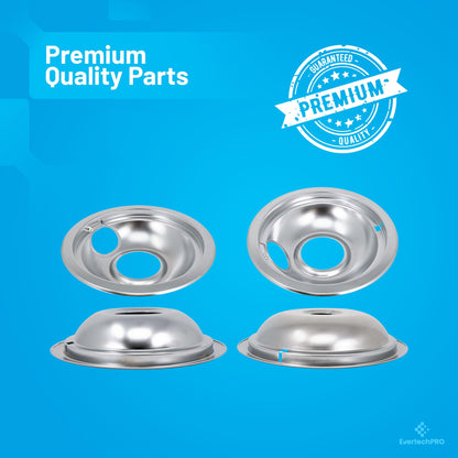 EvertechPRO 4 Pack Range Stove Top Drip Pans 2pc 6 Inch And 2pc 8 Inch Replacement for Whirlpool W10196405 W10196406 308649K 0042142 0042169 0064676