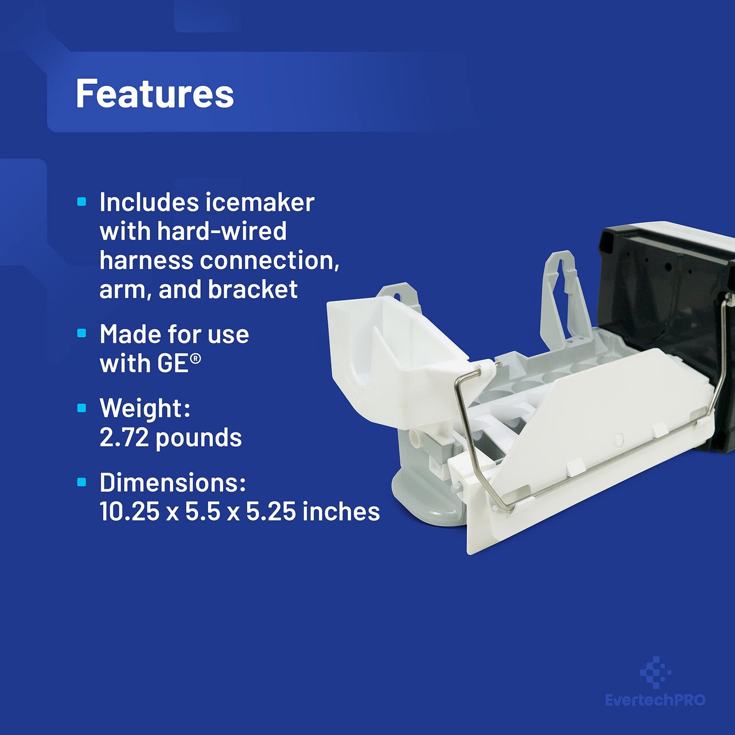 EvertechPRO WR30X10093 Ice Maker for GE Ice Maker Replacement - High Quality Icemaker for GE Refrigerator - Includes Power Cords and End-Mounted Fill Cups, fits GE Ice Maker WR30x0327 WR30X10061