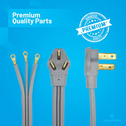 EvertechPRO 49695 5ft Range Plug 3 Prong Power Cord with Open End Range Connectors and 3 Copper Wires - 50 Amp Rated Power Cord for Electric Range - 60” Gray