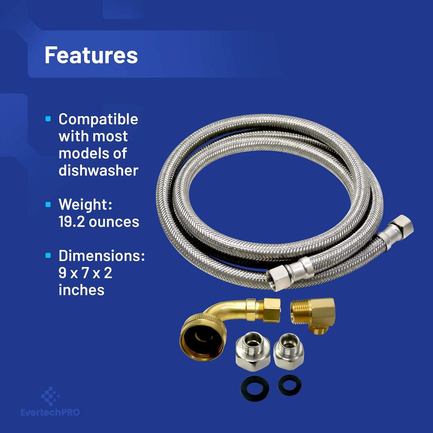 EvertechPRO 383860KIT Universal Dishwasher Installation Kit 5ft Supply Line and Hookup Kit with Fittings Elbows and Washers Stainless Steel Braided Hose 3/8" Compression X 3/8" MIP Elbow X 60"