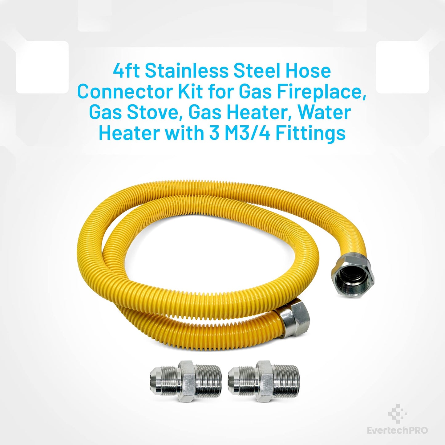 EvertechPRO 583434MM48C 4ft Gas Connector - Flexible Gas Line with 1/2 in. MIP x 1/2 in. MIP x 48 in. and 5/8 in. O.D. Fittings Corrugated Stainless Steel Natural Gas Hose and Yellow Coated
