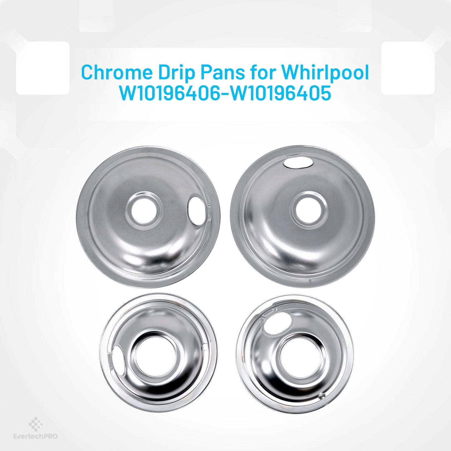 EvertechPRO 4 Pack Range Stove Top Drip Pans 2pc 6 Inch And 2pc 8 Inch Replacement for Whirlpool W10196405 W10196406 308649K 0042142 0042169 0064676