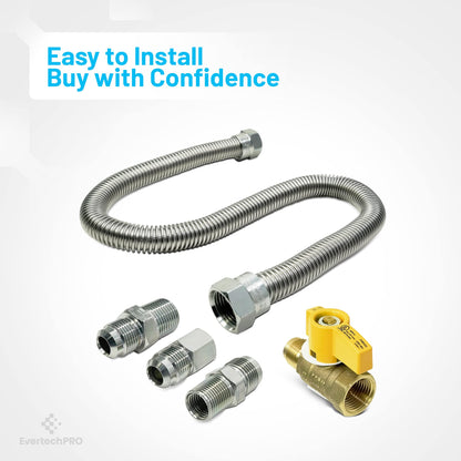 EvertechPRO 1212MMKIT 22” Flexible Natural Gas Hose Kit with 1/2" Male Flare x 1/2" Male Pipe 1/2" Male Flare x 3/8" Male Pipe 1/2" Male Flare x 3/8" Female Pipe Propane Hose Heater Hose Connectors
