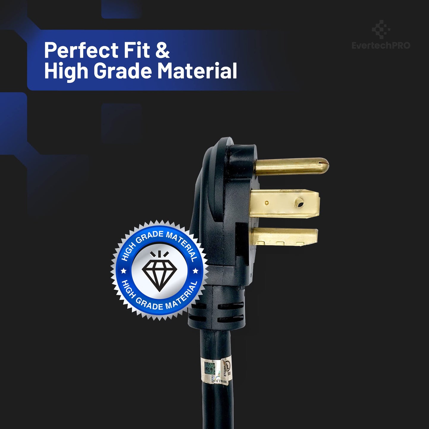 EvertechPRO 57001 4-Prong 6ft Dryer Power Cord Universal Dryer Power Cord for Freestanding Electric Dryers Rated 30A/250V with Strain Relief Connects to 4 Prong Outlets 72” Black