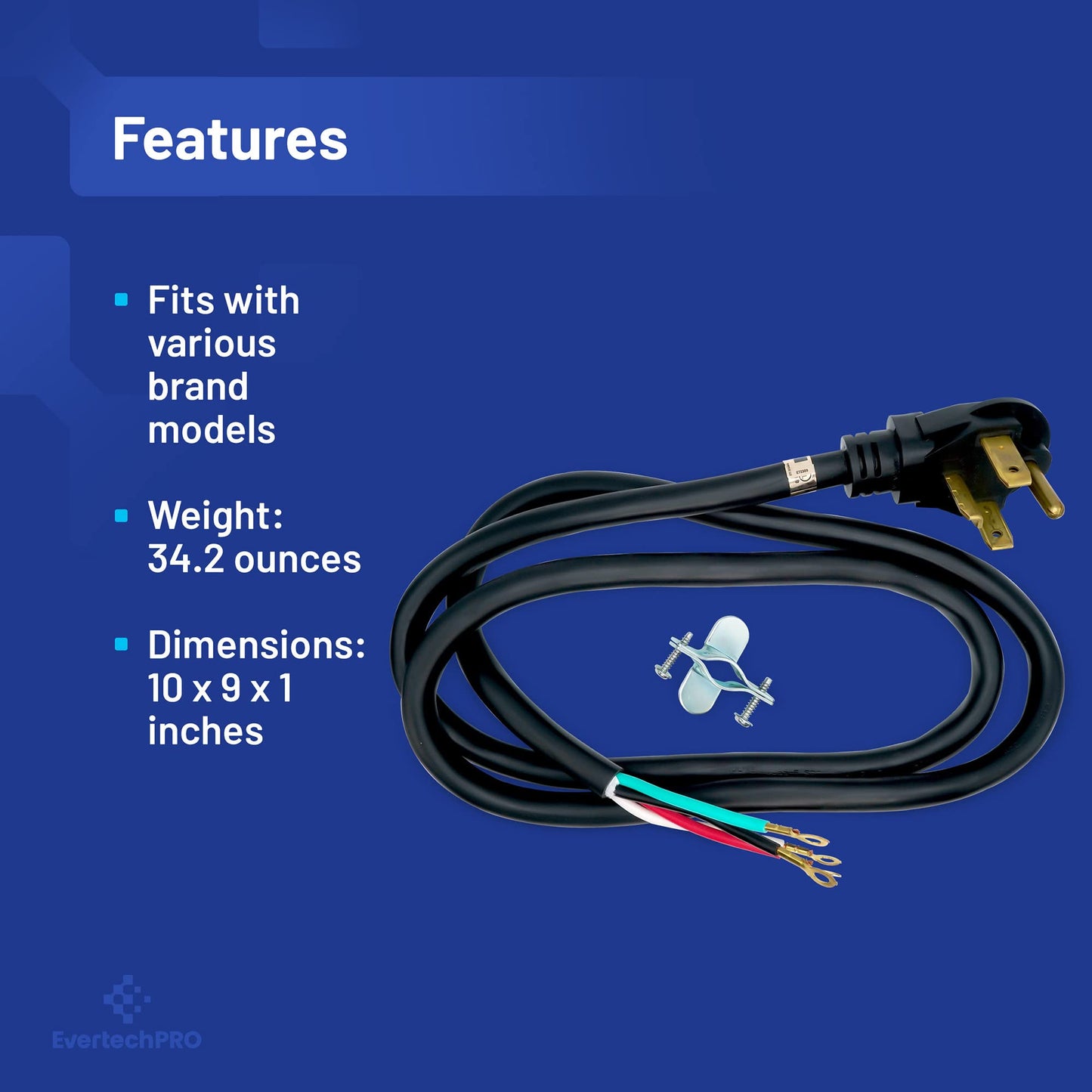EvertechPRO 57001 4-Prong 6ft Dryer Power Cord Universal Dryer Power Cord for Freestanding Electric Dryers Rated 30A/250V with Strain Relief Connects to 4 Prong Outlets 72” Black
