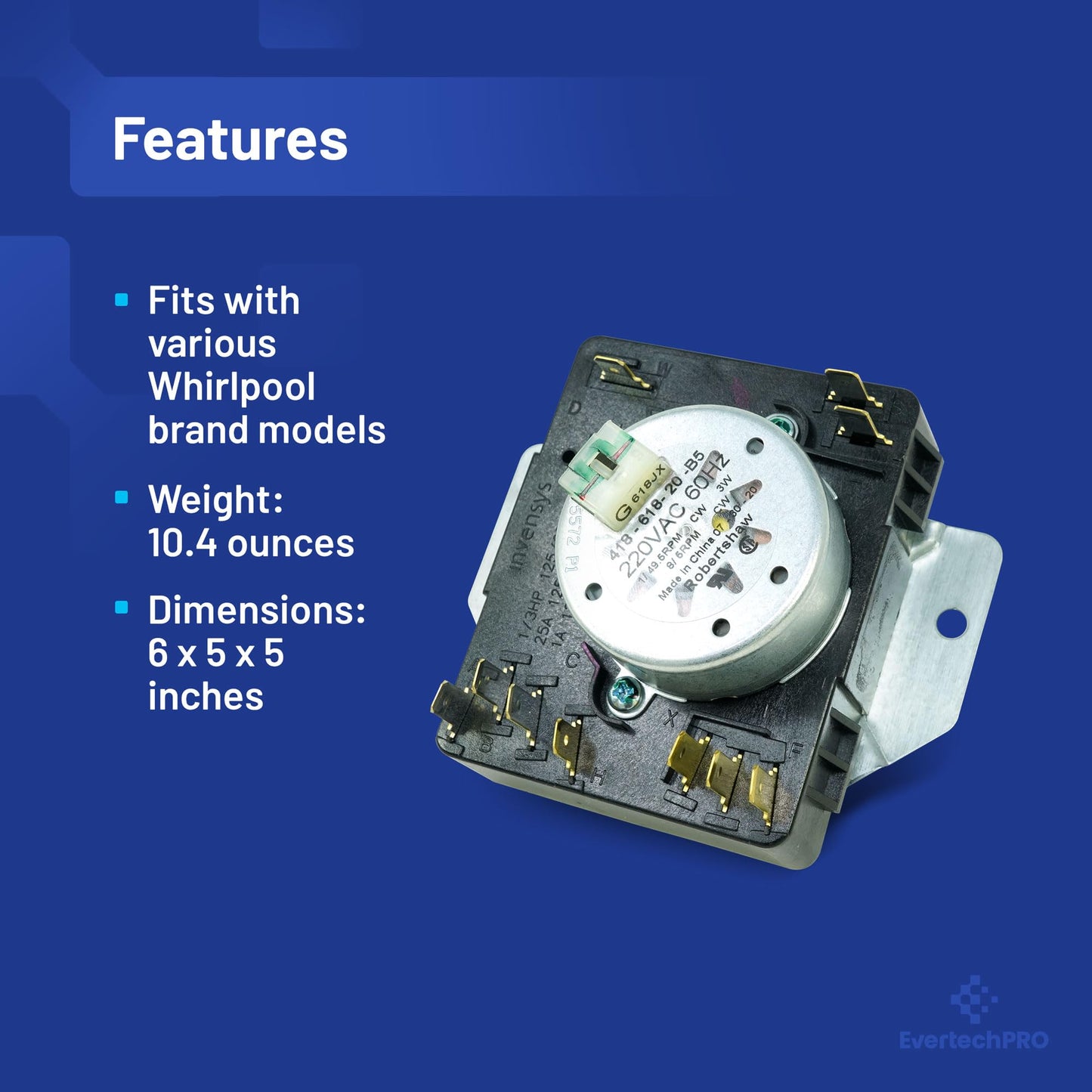 EvertechPRO W10185982 Dryer Timer for Whirlpool Dryer Timer Replacement, Fits Maytag Dryer Timer and Fits Amana Dryer Timer, and Most Top Brand Dryers WPW10185982 AH2352169 EA2352169 PS2352169